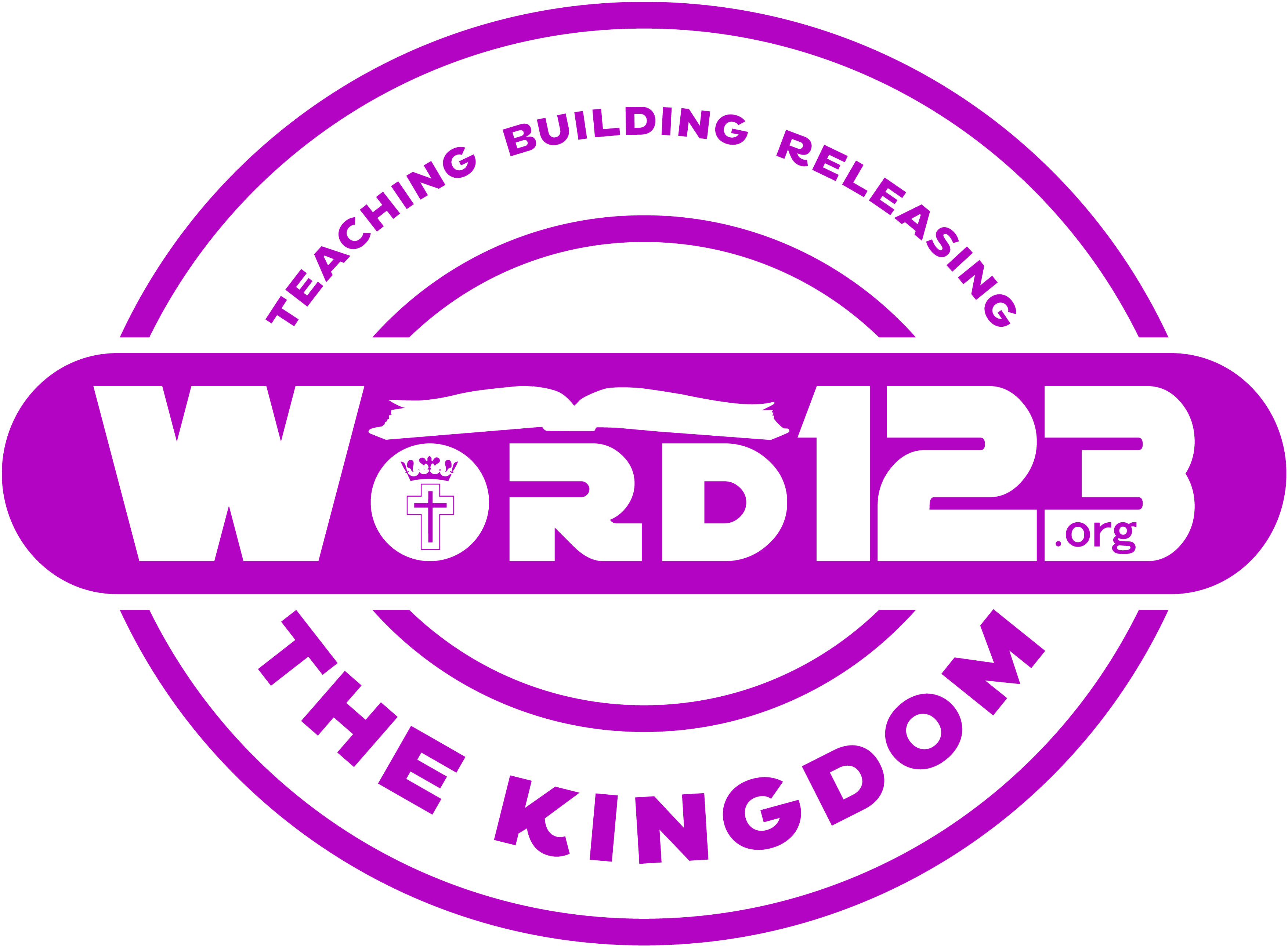 Word123 Purple Vertical Logo. Click or tap this logo for more information about our weekly Bible Study.